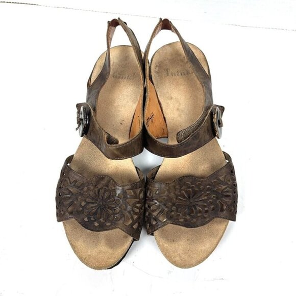 Think Zilli Wedge Leather Sandals EU 37 US 6.5 Taupe Cork Hook & Loop Boho Chic - Picture 2 of 7
